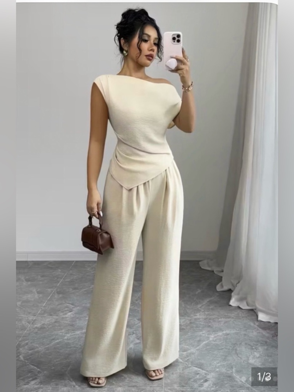 Wide Leg Elastic Waist Cream Pants with matching blouse